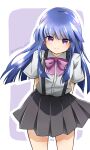  1girl arms_behind_back bangs black_skirt blue_hair border bow bowtie closed_mouth collared_shirt commentary_request cowboy_shot eyebrows_visible_through_hair furude_rika highres higurashi_no_naku_koro_ni long_hair looking_at_viewer morte_ai outline outside_border pleated_skirt purple_background purple_bow purple_neckwear school_uniform shadow shirt short_sleeves simple_background skirt smile solo standing suspender_skirt suspenders twitter_username violet_eyes white_border white_outline white_shirt 