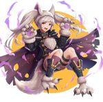  1girl animal_ears belt collar fang fire_emblem fire_emblem_awakening fire_emblem_heroes full_body fur_trim gloves gonzarez grima_(fire_emblem) halloween_costume highres long_sleeves open_mouth paw_gloves paws red_eyes robin_(fire_emblem) robin_(fire_emblem)_(female) shorts simple_background solo tail twintails white_hair wolf_ears wolf_tail 