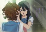  2girls black_hair blue_eyes blue_sailor_collar blush brown_hair curly_hair hand_in_another&#039;s_hair hibike!_euphonium indoors kamo_kamen kitauji_high_school_uniform kousaka_reina long_hair looking_at_another multiple_girls neckerchief open_mouth oumae_kumiko pink_neckwear sailor_collar school_uniform serafuku short_hair standing uniform window 