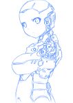  1girl absurdres android bald breasts head_tilt highres looking_at_viewer machinery mecha medium_breasts missing_limb monochrome navel no_arms no_humans original science_fiction sketch solo white_background yama_(yamasaaru) 