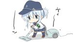  1girl alternate_hairstyle armband bangs black_legwear blue_eyes blue_headwear blue_sailor_collar blue_skirt brown_footwear chibi eyebrows_visible_through_hair flat_cap hair_bun hair_up hat hibiki_(kancolle) highres hizuki_yayoi kantai_collection long_hair long_sleeves pleated_skirt red_neckwear sailor_collar school_uniform serafuku shadow silver_hair simple_background skirt smile solo thigh-highs vacuum_cleaner white_background 