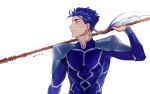  1boy armor beads blue_hair bodysuit closed_mouth cu_chulainn_(fate)_(all) earrings fate/stay_night fate_(series) floating_hair gae_bolg_(fate) hair_beads hair_ornament highres holding holding_polearm holding_weapon jewelry k29 lancer long_hair long_sleeves looking_to_the_side male_focus muscular pauldrons polearm ponytail red_eyes shoulder_armor simple_background skin_tight smile solo spiky_hair twitter_username weapon white_background 