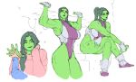  1girl ^_^ armpits arthur_asa breasts closed_eyes colored_skin crossed_legs english_commentary fingerless_gloves gloves green_eyes green_hair green_skin grey_gloves hand_to_hand highres large_breasts leotard marvel multiple_views muscular muscular_female pink_sweater pov she-hulk sitting sketch smile superhero sweater 