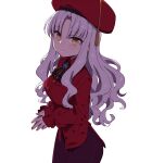  1girl bangs beret breasts brooch caren_hortensia chan_co closed_mouth dress fate/grand_order fate_(series) hat highres jewelry long_hair long_sleeves looking_at_viewer neck_ribbon red_dress red_headwear ribbon small_breasts wavy_hair white_hair yellow_eyes 