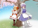  2girls apron arms_behind_back bangs black_legwear blonde_hair blue_dress blue_eyes blurry blurry_background boots bow bowtie brown_footwear cherry_blossoms closed_mouth cross-laced_footwear dress full_body highres letty_whiterock lily_white long_hair looking_at_another multiple_girls murasame0603 petticoat purple_hair red_bow red_neckwear short_hair smile snow snowing standing touhou tree violet_eyes waist_apron white_apron white_dress white_footwear white_headwear white_legwear 