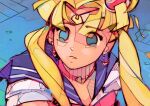  bishoujo_senshi_sailor_moon blonde_hair blue_background blue_eyes earrings hair_bun jewelry looking_at_another michaelfirman sailor_moon sailor_moon_redraw_challenge school_uniform tsukino_usagi 