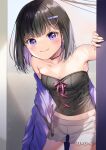  1girl bare_shoulders black_hair blush breasts closed_mouth collarbone commentary_request crop_top hair_ornament hairclip hand_up highres jacket looking_at_viewer midriff multicolored_hair off_shoulder original purple_hair purple_jacket short_shorts shorts small_breasts smile solo standing strapless tubetop two-tone_hair violet_eyes white_shorts yoshida_iyo 