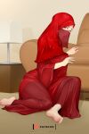  blue_eyes breasts chair feet full_body highres hijab jewelry lamp large_breasts looking_at_viewer ring signature tongue tongue_out veil zephyr_aile 