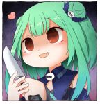  1girl :3 :d bangs blue_dress blush_stickers brooch crazy_eyes dark_background detached_collar detached_sleeves double_bun dress eyebrows_visible_through_hair fang green_hair hair_ornament hair_ribbon holding holding_knife holding_weapon hololive jewelry knife looking_away no_pupils open_mouth red_eyes ribbon short_hair short_hair_with_long_locks skull_hair_ornament skull_necklace smile solo strapless strapless_dress tonton_(tonz159) upper_body uruha_rushia virtual_youtuber weapon yandere 