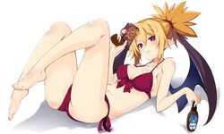  1girl bare_arms bare_legs bare_shoulders barefoot bat_wings bikini blonde_hair breasts demon_girl disgaea eyebrows_visible_through_hair full_body iwashi_dorobou_-r- looking_at_viewer makai_senki_disgaea_2 medium_breasts navel pointy_ears red_bikini red_eyes rozalin side-tie_bikini sidelocks simple_background smile solo swimsuit white_background wings 