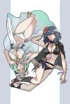 2girls alternate_costume alternate_hairstyle amulet batoson54 bikini bikini_top blue_eyes breasts byleth_(fire_emblem) byleth_eisner_(female) cape dagger fire_emblem fire_emblem:_three_houses fire_emblem_heroes flower green_eyes green_hair hair_flower hair_ornament hand_in_hair hand_on_own_chest hand_up head_wreath highres large_breasts legs_together looking_at_viewer multiple_girls pale_skin rhea_(fire_emblem) smile swimsuit thighs toes upside-down weapon white_background 