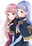  2girls blue_hair braid brown_eyes closed_mouth crown_braid dress earrings fire_emblem fire_emblem:_three_houses hair_down highres hilda_valentine_goneril jewelry long_hair long_sleeves marianne_von_edmund multiple_girls pink_eyes pink_hair smile twitter_username yutohiroya 