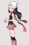  1girl beanie black_hair black_legwear boots hikari_(pokemon) eyelashes floating_hair floating_scarf from_side grey_background grey_eyes hair_ornament hairclip hands_together hat highres knees long_hair looking_at_viewer open_mouth over-kneehighs pink_footwear pokemon pokemon_(game) pokemon_dppt red_scarf scarf sidelocks simple_background smile solo thigh-highs tongue white_headwear yoshi_(moco1) 