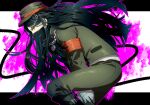  1boy armband bandaged_hands bandages bangs between_legs black_background black_footwear black_hair blood boots brown_eyes brown_headwear brown_jacket brown_pants chain chain_necklace closed_mouth commentary_request dangan_ronpa_(series) dangan_ronpa_v3:_killing_harmony feet_out_of_frame hagi_(hagi_0) hand_between_legs hat jacket knee_boots long_hair long_sleeves looking_at_viewer male_focus mask mouth_mask outline pale_skin pants peaked_cap pink_blood pink_outline shinguuji_korekiyo shiny shiny_clothes solo white_background 