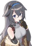  1girl bangs bare_shoulders black_hair blue_eyes breasts commission detached_sleeves finger_to_mouth girls_frontline gloves hair_between_eyes hair_flaps headband highres jjuwaap long_hair medium_breasts mod3_(girls_frontline) mole mole_under_eye off_shoulder shirt sleeveless sleeveless_shirt solo super_sass_(girls_frontline) upper_body white_background 