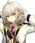  1girl 900_(gb_900) ahoge arknights hair_ornament hairclip hands_in_hair highres jacket necktie one_side_up scene_(arknights) white_background white_jacket yellow_eyes 