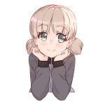  1girl aki_(girls_und_panzer) blonde_hair blush girls_und_panzer green_eyes head_rest highres kimi_tsuru looking_at_viewer short_twintails smile solo twintails upper_body white_background 