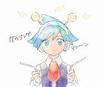  1boy bangs blue_eyes blue_hair closed_mouth collared_shirt hairband hands_up holding item_finder ittumozzz male_focus orange_neckwear pokemon pokemon_(game) pokemon_rse purple_vest shirt short_hair solo spiky_hair steven_stone symbol_commentary translation_request upper_body vest white_background white_shirt younger 