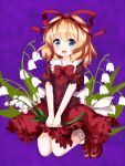  1girl bangs black_ribbon blonde_hair blue_eyes bow bowtie eyebrows_visible_through_hair flower full_body hair_ribbon highres holding holding_flower legs_up lily_of_the_valley looking_at_viewer medicine_melancholy open_mouth petticoat purple_background red_bow red_footwear red_neckwear red_ribbon red_skirt ribbon ribbon-trimmed_shirt ribbon-trimmed_skirt ribbon_trim ruu_(tksymkw) short_sleeves skirt smile solo touhou white_flower white_legwear 