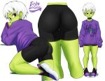  1girl absurdres artist_name ass bike_shorts cheelai colored_skin dragon_ball dragon_ball_super dragon_ball_super_broly echo_saber green_skin highres looking_at_viewer looking_back pink_eyes short_hair simple_background sweater white_background white_hair 