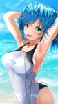  1girl arm_behind_head blue_eyes blue_hair blue_sky breasts clouds commentary_request competition_swimsuit day garter-velvet highres looking_at_viewer medium_breasts ocean one-piece_swimsuit original outdoors short_hair sky smile solo swimsuit twitter_username wet wet_clothes wet_swimsuit white_swimsuit 