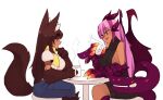 2girls animal_ears anubis_(monster_girl_encyclopedia) blue_pants blush breasts brown_hair chair claws coffee cup dark-skinned_female dark_skin dragon_girl fur holding holding_cup jabberwock_(monster_girl_encyclopedia) jackal_ears jackal_tail large_breasts long_hair monster_girl monster_girl_encyclopedia multiple_girls open_mouth pants paws pink_eyes red_eyes rtil simple_background sitting smile table tail turtleneck white_background