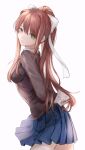  1girl arms_behind_back bangs blue_skirt bow breasts brown_hair closed_mouth cowboy_shot doki_doki_literature_club eyebrows_visible_through_hair from_side green_eyes grey_background hair_bow hair_ribbon highres holding holding_paper jacket long_hair long_sleeves looking_at_viewer medium_breasts miniskirt monika_(doki_doki_literature_club) muuyiie paper pleated_skirt ponytail ribbon simple_background skirt smile solo symbol_commentary white_bow white_ribbon 