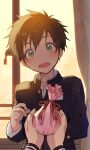  1boy bangs black_jacket blush brown_hair buttons commentary_request curtains gift_bag green_eyes head_tilt highres holding indoors jacket looking_at_viewer open_mouth original pillow_(nutsfool) pov ribbon shirt short_hair sweatdrop tongue window 