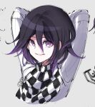  1boy :d bangs black_hair checkered checkered_scarf commentary_request danchu_(danchu0628) dangan_ronpa_(series) dangan_ronpa_v3:_killing_harmony grey_background hair_between_eyes highres jacket long_sleeves looking_at_viewer male_focus open_mouth ouma_kokichi purple_hair scarf short_hair sketch smile solo straitjacket upper_body violet_eyes 