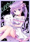  1girl :&amp;gt; bell black_background blush cat_ears cat_tail collarbone cute doll lollipop looking_at_viewer purple_eyes purple_hair smile twintails white_dress 