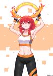  1girl abs arm_up armpits looking_at_viewer original original_character red_eyes red_hair ring_fit_adventure simple_background smile sport sports_bra sportswear sweat sweating tight_pants 