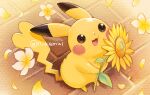  artist_name brown_eyes commentary_request flower from_above gen_1_pokemon holding holding_flower looking_up n_kamui open_mouth petals pikachu pokemon smile standing tongue yellow_flower 