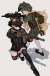  2girls animal_ears bangs black_hair black_legwear blonde_hair blue_eyes blush brown_gloves eyepatch fkey gloves gun helmet highres holding holding_gun holding_weapon long_hair multiple_girls one_knee original pleated_skirt red_eyes short_hair skirt standing thigh-highs weapon white_background white_legwear 