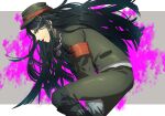  1boy armband bandaged_hands bandages bangs between_legs black_footwear black_hair blood boots brown_eyes brown_headwear brown_jacket brown_pants chain chain_necklace closed_mouth commentary_request dangan_ronpa_(series) dangan_ronpa_v3:_killing_harmony feet_out_of_frame grey_background hagi_(hagi_0) hand_between_legs hat jacket knee_boots long_hair long_sleeves looking_at_viewer makeup male_focus pale_skin pants peaked_cap pink_blood red_lips shinguuji_korekiyo shiny shiny_clothes solo white_background 