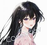  1girl absurdres bangs black_hair blush commission from_side hair_behind_ear hair_between_eyes highres hongnabya japanese_clothes kimono korean_commentary long_hair looking_at_viewer open_mouth original smile solo upper_body violet_eyes white_background 