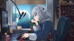  animal_hood anonamos bangs blinds blonde_hair blue_eyes blue_hair blue_hoodie blunt_bangs dr_pepper fish_tail gawr_gura hair_ornament hat highres hololive hololive_english hood hoodie instrument keyboard_(computer) long_sleeves medium_hair microphone monitor multicolored_hair multiple_girls open_mouth photo_(object) room shark_girl shark_hair_ornament shark_hood shark_tail short_hair silver_hair streaked_hair tail two_side_up ukulele virtual_youtuber watson_amelia white_hair wide_sleeves window 