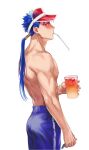  1boy alternate_costume beads blue_hair cu_chulainn_(fate)_(all) cup drinking_straw earrings fate/stay_night fate_(series) from_side hair_beads hair_ornament highres holding holding_cup jewelry k29 lancer long_hair male_focus male_swimwear muscular ponytail red_eyes shirtless simple_background solo spiky_hair swim_trunks swimsuit swimwear visor_cap 