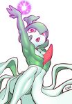  1boy absurdres armpits arms_up artist_name combos_&amp;_doodles commentary energy_ball english_commentary from_below gardevoir gen_3_pokemon highres looking_at_viewer male_focus open_mouth orange_eyes outline pokemon pokemon_(creature) ribs solo tongue 