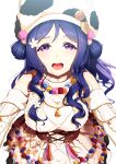  1girl alternate_hairstyle amagi_(volfuji) bangs birthday blue_hair breasts collarbone commentary_request detached_sleeves eyebrows_visible_through_hair hair_ornament hat highres large_breasts long_hair looking_at_viewer love_live! love_live!_sunshine!! matsuura_kanan shiny shiny_hair sidelocks solo violet_eyes wavy_hair 