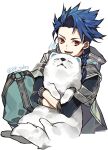  1boy 88_taho blue_hair braid closed_eyes cu_chulainn_(fate)_(all) dog fate/grand_order fate/grand_order_arcade fate_(series) holding hood hood_down jewelry male_focus open_mouth puppy red_eyes setanta_(fate) signature simple_background single_braid single_earring sitting spiky_hair twitter_username white_background 