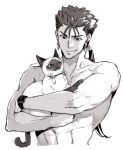  1boy 1other animal animalization archer beads biceps cat closed_mouth collarbone cu_chulainn_(fate)_(all) earrings emiya_shirou fate/stay_night fate_(series) grin hair_beads hair_ornament holding holding_animal jewelry lancer long_hair looking_at_another looking_down male_focus monochrome muscular ponytail shibanui shirtless siamese_cat simple_background sketch smile spiky_hair white_background 