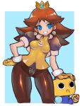  1girl blue_background blue_eyes blush breasts brown_hair cosplay cropped_jacket crown dakusuta earrings gloves green_eyes grin hand_on_another&#039;s_head hand_on_hip highres jewelry kobun long_hair looking_at_viewer super_mario_bros. pantyhose princess_daisy robot rockman rockman_dash smile tron_bonne tron_bonne_(cosplay) 