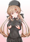  1girl absurdres black_headwear black_sweater blush breasts brown_eyes brown_hair covered_collarbone covered_navel eyebrows_visible_through_hair hair_ornament hairclip hand_on_own_chest highres kantai_collection low_twintails medium_breasts oohasikennta2002 sweater tashkent_(kancolle) twintails 
