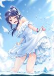  1girl :d absurdres bangle bangs bare_shoulders blue_hair blue_sky blush bracelet breasts clouds collarbone dress dress_lift eyebrows_visible_through_hair frilled_dress frills hair_ribbon high_ponytail highres in_water jewelry large_breasts lifted_by_self love_live! love_live!_sunshine!! matsuura_kanan nail_polish ocean off-shoulder_dress off_shoulder one_eye_closed open_mouth outdoors pillow ponytail ribbon shiny shiny_hair sidelocks sky sleeveless sleeveless_dress smile solo sunlight upper_teeth violet_eyes water water_drop white_ribbon yopparai_oni 