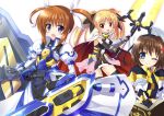  3girls ;) armor armored_dress bardiche beret black_dress black_gloves black_ribbon blue_eyes cape commentary_request dress endori fingerless_gloves fortress_(nanoha) gauntlets gloves hair_ornament hair_ribbon hat holding holding_weapon jacket juliet_sleeves long_dress long_hair long_sleeves looking_at_viewer lyrical_nanoha magical_girl mahou_shoujo_lyrical_nanoha mahou_shoujo_lyrical_nanoha_reflection multiple_girls one_eye_closed open_mouth partial_commentary puffy_sleeves red_cape ribbon short_dress short_hair sidelocks simple_background sleeveless sleeveless_dress smile standing strike_cannon takamachi_nanoha tome_of_the_night_sky twintails two-sided_cape two-sided_fabric violet_eyes weapon white_background white_cape white_dress white_headwear white_jacket white_ribbon x_hair_ornament yagami_hayate 