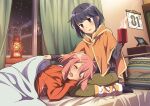  2girls bed bedroom blue_hair blush calendar_(object) closed_eyes coat couple cup curtains happy holding holding_cup hotaru_iori indoors kagamihara_nadeshiko lamp lap_pillow looking_at_another medium_hair mug multiple_girls new_year night no_shoes open_mouth pants picture_frame pillow pink_hair shima_rin smile snow socks steam sweater under_covers violet_eyes window winter winter_clothes yuri yurucamp 