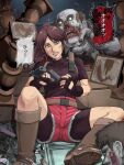  1girl belt bike_shorts blue_eyes boots breasts brown_hair claire_redfield denim fingerless_gloves gloves gun handgun looking_at_viewer ponytail reloading resident_evil resident_evil_2 scared shorts tare-katsu translation_request weapon zombie 