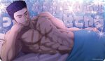  1boy abs bed blanket closed_eyes completely_nude fate/grand_order fate_(series) fergus_mac_roich_(fate) hand_on_hip head_rest highres lying male_focus muscular muscular_male navel nipples nude on_side pectorals purple_hair ringoen scar scar_on_chest short_hair sideburns smile solo sparkle undercut uppercut 