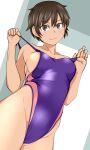  1girl breasts brown_eyes brown_hair competition_swimsuit dutch_angle one-piece_swimsuit original short_hair sideboob smile solo strap_pull swimsuit tanaka_rikimaru 