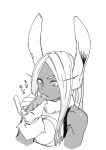  1girl absurdres animal_ears bare_shoulders boku_no_hero_academia breasts carrot dark_skin dark-skinned_female eating eyelashes fur_trim gloves greyscale highres kooni long_hair mirko monochrome rabbit_ears simple_background solo white_background 